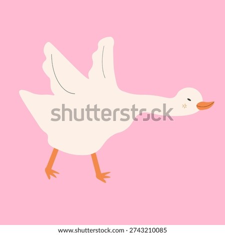 Cute but angry white goose with raised wings in flat cartoon style. Minimal pastel vector illustration isolated on pink background. Perfect for humorous stickers, children prints, nursery decor and character design projects.