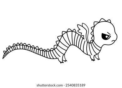 Lindo dragón largo alado enojado. Año del Dragón, animal mítico, personaje mágico. Rastreador de éxito para niños. Ilustración vectorial de doodle blanco y negro, aislado en un fondo blanco.