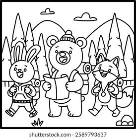 Cute Animal Adventurers, Forest Exploration Coloring Page