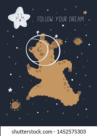Cute animal alpaca, sheep, lama in space on stars, planet background. Follow your dream. Cartoon character illustration. For print, poster, calendar, decoration, textile, card, souvenirs