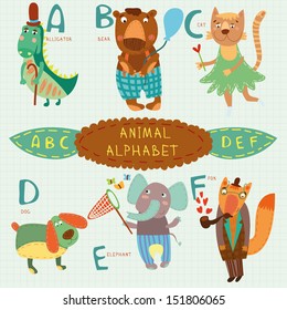 Cute animal alphabet.  A, b, c, d, e, f letters.  Alligator, bear, cat, dog, elephant, fox.Alphabet design in a colorful style.