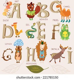 Cute animal alphabet. A, b, c, d, e, f, g, h, i letters. Ant, beaver, camel, duck, eel, frog,gopher,hedgehog,impala. Alphabet design in a retro style.