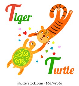 Cute animal alphabet for ABC book. Vector illustration of cartoon tiger and turtle. T letter for the Tiger and Turtle