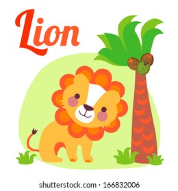 Cute animal alphabet for ABC book. Vector illustration of cartoon lion. l letter for the Lion