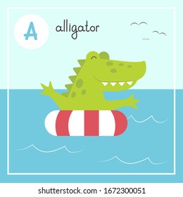 Cute animal alphabet for ABC book.  Vector illustration of cartoon animals. Letter A. Crocodile swims in a life buoy. Alligator