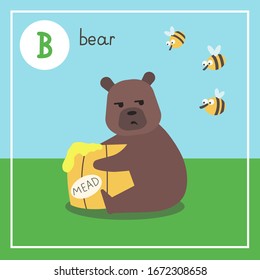 Cute animal alphabet for ABC book. Vector illustration of cartoon animals. Letter B. Greedy bear in an embrace with a barrel of honey. Attacking bees.