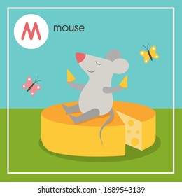 Cute animal alphabet for ABC book. Vector illustration of cartoon animals. A mouse sits on a cheese head and dines. Butterflies Vector illustration
