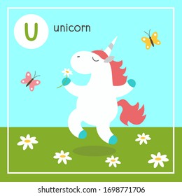 Cute animal alphabet for ABC book. Vector illustration of cartoon animals. A cheerful unicorn rides through a forest flower meadow, enjoying the smell of flowers and the beauty of butterflies. 