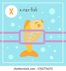 Cute animal alphabet for ABC book. Vector illustration of cartoon animals. X-ray fish at the doctor’s appointment, makes an x-ray.