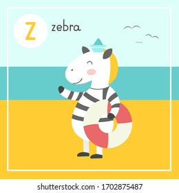 Cute animal alphabet for ABC book. Vector illustration of cartoon animals. Zebra sailor on the beach with a life buoy.