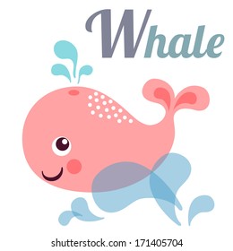 Cute animal alphabet for ABC book. Vector illustration of cartoon whale. W letter for the Whale