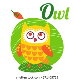 Cute animal alphabet for ABC book. Vector illustration of cartoon owl. O letter for the Owl