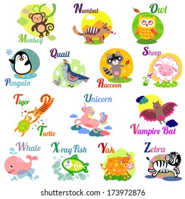 Cute animal alphabet for ABC book. Vector illustration of cartoon animals. M, n, o, p, q, r, s, t, u, v, w, x, y, z letters