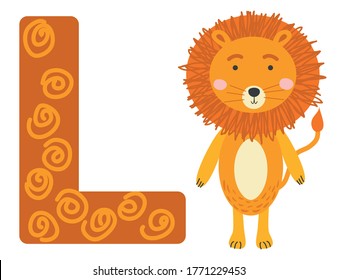 Cute animal alphabet for ABC book. illustration of cartoon. L letter for the Lion.