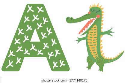 Cute animal alphabet for ABC book. illustration cartoon. A letter for the Alligator.
