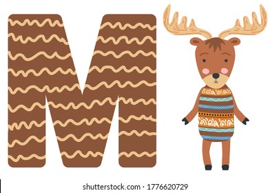 Cute animal alphabet for ABC book. illustration of cartoon. M letter for the Moose.
