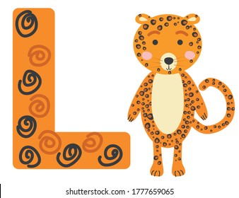 Cute animal alphabet for ABC book. illustration of cartoon . L letter for the Leopard.