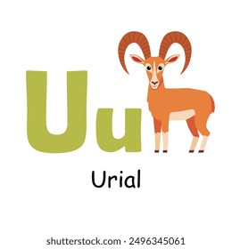 Cute animal alphabet for ABC book. U letter for the Urial. Vector illustration