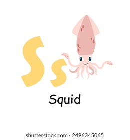 Cute animal alphabet for ABC book. S letter for the Squid. Vector illustration