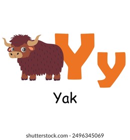 Cute animal alphabet for ABC book. Y letter for the Yak. Vector illustration