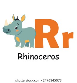 Nettes Tieralphabet für ABC-Buch. R Buchstabe für das Rhinozeros. Vektorgrafik