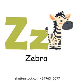 Cute animal alphabet for ABC book. Z letter for the Zebra. Vector illustration