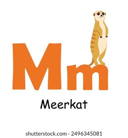 Cute animal alphabet for ABC book. M letter for the Meerkat. Vector illustration