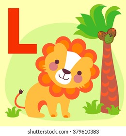 Cute animal alphabet for ABC book. Vector illustration of cartoon animals. Cute cartoon Lion for L letter