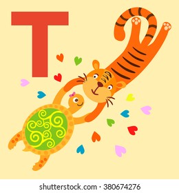 Cute animal alphabet for ABC book. Vector illustration of cartoon animals. Cute cartoon Tiger and Turtle for T letter