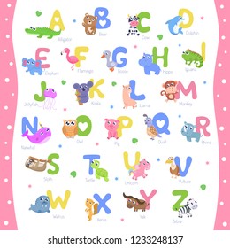 Cute animal alphabet A-Z vector illustration.