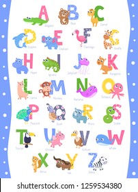Cute animal alphabet A-Z vector illustration.