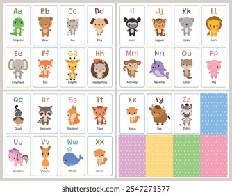 Cute animal alphabet cards printable template. Children ABC flash card set. Cartoon animals vector illustration. Simple letters learning cut file for kids English language education.