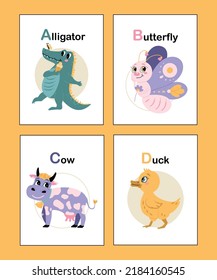 Cute animal alphabet from A to D. Educational vector illustration in bright colors. Alligator, Butterfly, Cow, Duck. Colorful hand drawn cartoon animal alphabet cards isolated on yellow background. 