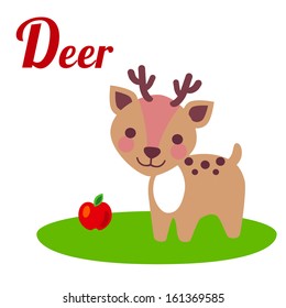 Cute animal alphabet. D letter. Cute cartoon Deer. Alphabet design in a colorful style.