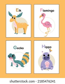 Cute animal alphabet from E to H. Educational vector illustration in bright colors. Elk, Flamingo, Gecko, Hippo. Colorful hand drawn cartoon animal alphabet cards isolated on yellow background. 