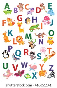 Cute animal alphabet. English Alphabet poster. Nursery Wall Art, Animal Themed, Kid's Art Decor, Gender Neutral Nursery, ABC, Children's Wall. Cute animal alphabet vector