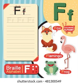 Cute animal alphabet. F letter. Vocabulary set: Fox, Flamingo, Frog. With exercise tracing alphabet and braille alphabet english education, design for practice english, children, student and teacher. 