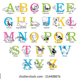 Cute animal alphabet. Funny cartoon character. Vector illustration. Isolated on white background. Set