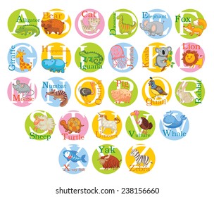 Cute animal alphabet. Funny cartoon character. Vector illustration. Isolated on white background. Set