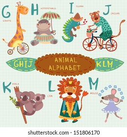 Cute animal alphabet. G, h, i, j, k, l, m letters.  Giraffe, hippopotamus, iguana, jaguar, koala, lion, mouse.Alphabet design in a colorful style.