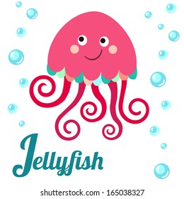 Cute animal alphabet. J letter. Cute cartoon Jellyfish. Alphabet design in a colorful style.