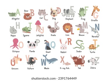 Cute animal alphabet for kids education, flat vector illustration. Zoo Alphabet Animals. Letters from A to Z with animals clipart funny cartoon hand drawn style. Alligator, Iguana, Quail, Vulture, Yak