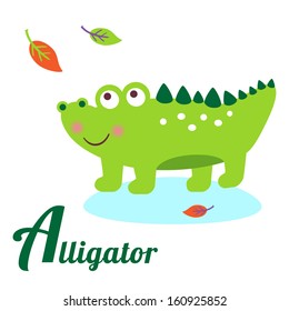 Cute animal alphabet. A letter. Cute cartoon Alligator. Alphabet design in a colorful style.