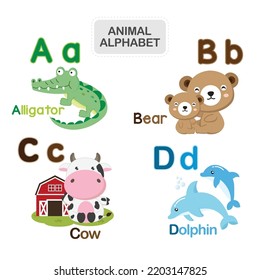 Cute animal alphabet from Letter A to D