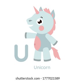 Cute animal alphabet. Letter U. Unicorn illustration. Series A-Z.