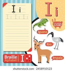 Cute animal alphabet. I letter. Vocabulary: Iguana, Ibis, Impala. With exercise tracing alphabet and braille alphabet english education, design for practice english, children, student, teacher