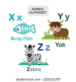 Cute animal alphabet from Letter X to Z