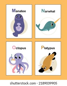 Cute animal alphabet from M to P. Educational vector illustration in bright colors. Manatee, Narwhal, Octopus, Platypus. Colorful hand drawn cartoon animal alphabet cards isolated on yellow. 