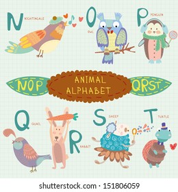 Cute animal alphabet. N, o, p, q, r, s, t letters. Nightingale, owl, penguin, quail, rabbit, sheep, turtle.Alphabet design in a colorful style.