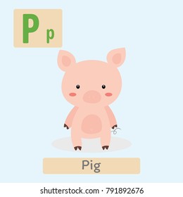 Cute animal alphabet. P letter. Cute Pig.